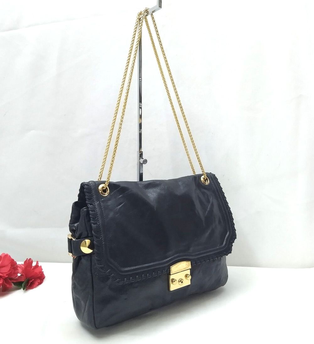 BE & D Black Leather Chain Strap Push Lock Flap Closure Crossbody Shoulder Bag
